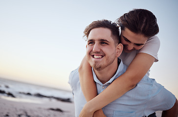 Image showing Love, happy and couple have beach fun bonding, relax and enjoy romantic quality time together on sand. Mockup, vacation peace and smile from young man and woman on freedom holiday in Sydney Australia