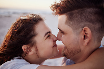 Image showing Love, happy and face of couple on the beach smile with connection, bonding and happiness on ocean holiday. Hug, partnership and romantic man and woman enjoy quality time together in Rio de Janeiro