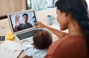 Image showing Family on video call, mom and baby happy to see smiling father waving with laptop webcam to talk to each other. Mother, young child talking to dad at work from home and using 5g streaming technology