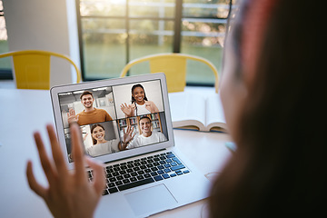 Image showing Video call, laptop and communication with a business team meeting on the internet for teamwork or collaboration. Networking, planning or zoom with an employee group talking online for remote work