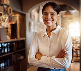 Image showing Woman, waitress and manager of restaurant, coffee shop and cafe with motivation vision, trust and waiter service. Portrait, smile and happy small business server, worker and employee in food industry