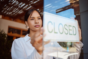 Image showing Restaurant small business, closed sign and waiter woman at local coffee shop startup finish service. Hospitality Mexico girl waitress manager, glass door and cafe store entrance notice announcement