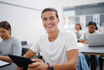 Image showing Classroom, digital tablet and student portrait for university learning software app, information technology course and education. Happy college scholarship man with people for online project research