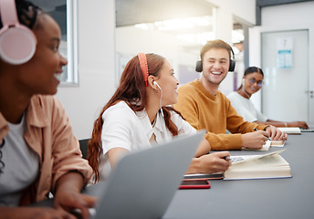 Image showing Music, studying and students learning at a university with notebook and technology in a classroom. Friends with smile for education and audio on headphones while doing a group project at college