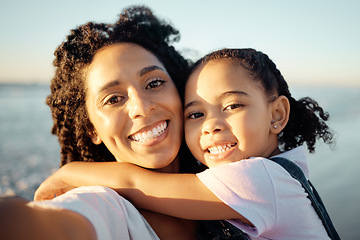 Image showing Beach selfie with happy mother, child hugging mom and summer travel destination in Mexico together. Outdoor seaside vacation, young kid smile with mama on holiday and sunshine happiness on fun trip