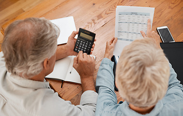 Image showing Budget, finance and senior couple with calculator planning financial investments, mortgage and tax papers. Elderly woman counting bills, debt and pension fund on bank statement with partner at home