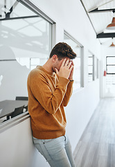 Image showing Headache, stress and student with head in hands at university frustrated with school work load. Mental health, anxiety and depression at exam time, man from Canada suffering from deadline pressure.