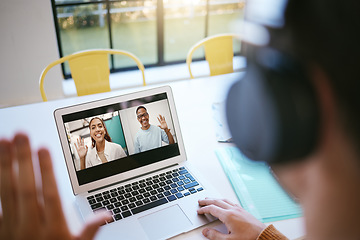 Image showing Student video call, webinar or presentation meeting with laptop, headphone or computer for networking, communication or teamwork. Remote students on online zoom for group, education or school project