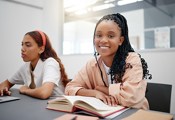 Image showing Reading, books and student portrait in university classroom for language learning, education or knowledge. Black woman in lecture or seminar happy with college research, scholarship and English study