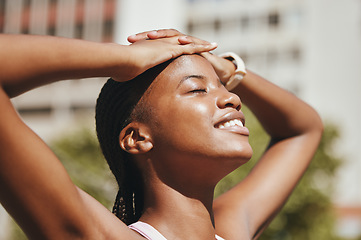 Image showing Face, breathing air and and black woman in the sun to relax while on a wellness exercise walk in nature. Happiness, freedom and calm african girl taking a break in outside park during healthy workout