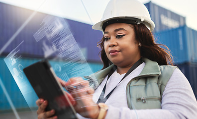 Image showing Supply chain, tablet and futuristic with a black woman logistics worker busy on a ux dashboard for online order. Digital, shipping and delivery with a courier at work on a container yard with overlay
