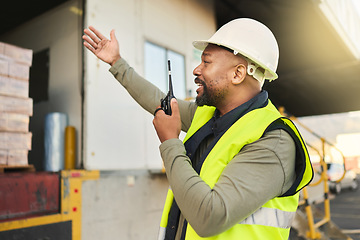 Image showing Logistics truck, cargo delivery and black man talking on walkie talkie about shipping stock working at distribution warehouse. African port manager speaking on technology about freight transportation