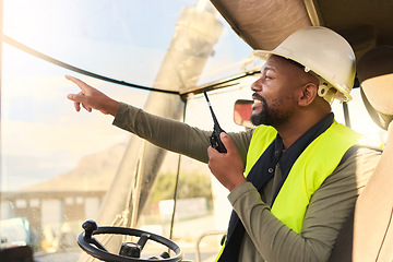 Image showing Logistics, radio communication and delivery truck driver or forklift operator in shipping container yard. Industrial cargo area, black man in safety gear and driving cargo for global export company.