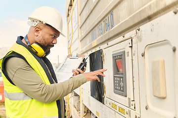 Image showing Logistics engineer, refrigerator and shipping container with keypad for cooling regulations. Industrial manager, leadership and black man with walkie talkie, e commerce delivery or supply chain cargo