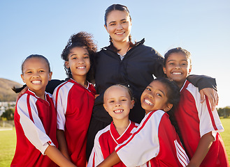 Image showing Football sports coach, girl and teamwork for motivation, support and exercise at competition, game on a field. Portrait of soccer athlete group, coaching and training for win success at sport academy