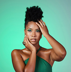 Image showing Beauty, makeup and portrait of black woman with elegant fashion style, face cosmetics or green eyes shadow. Vintage, young and African girl or person with good skin isolated on green background