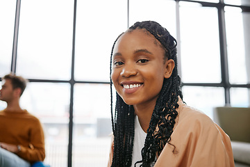 Image showing University student, young woman portrait and college learning, studying and education campus. Happy, smile and cool gen z black girl learner for motivation, academic knowledge and happiness in Brazil