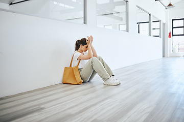 Image showing Depression, sad and anxiety student woman on floor crying for exam results, education fail or university debt mock up. Depressed, burnout or frustrated college girl with mental health problem mockup