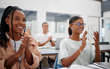 Image showing Education, presentation and students applause in classroom workshop for learning success and development. Smile, college and university audience clapping hands for motivation for studying goals