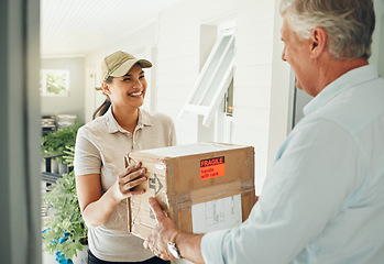 Image showing Delivery, courier service and people with box for safe, care and easy distribution in e commerce, shipping industry. Cardboard package, worker woman and house man at front door for stock supply chain