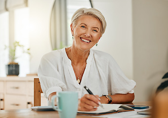 Image showing Freelance writer, senior woman and writing in notebook or planner feeling happy, relax and enjoying retirement to be creative and organized at home. Portrait of old lady sitting in Australia house