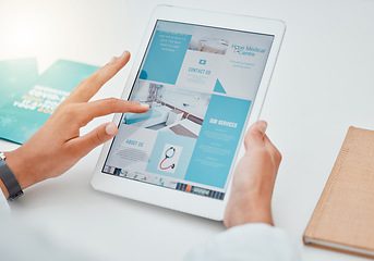 Image showing Hands, tablet and contact us with healthcare marketing or advertising on a website in the medical industry. Health, medicine and insurance with ux design on a wireless technology screen in a hospital