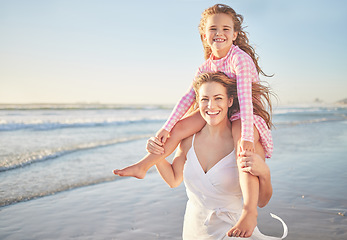 Image showing Beach walk, child smile and mother carrying kid on holiday by sea in Australia during summer family travel. Portrait of girl and mom playing with piggyback on vacation in nature to relax with mockup