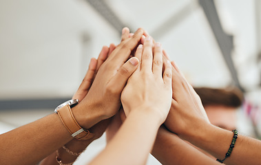 Image showing Support, community and high five with hands of people in collaboration for goals, mission or team building. Vision, mindset and teamwork with friends in workshop for motivation, success or networking