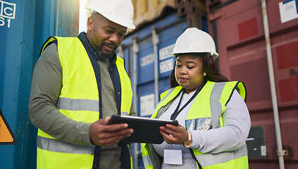 Image showing Logistics at shipping port, freight container transport and deliver cargo containers worldwide. Inventory report, imports or export of goods and supply chain management of international distribution