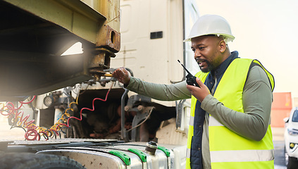 Image showing Man, smile and work in logistics with radio in hand for communication while load container on truck at port. Black man, talking and helmet working in shipping, cargo and transportation in Cape Town