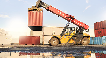Image showing Container, forklift and port for supply chain, logistics and cargo industry. Vehicle, crane and transport of stock for shipping with tractor, machine or industrial loader at shipyard in Cape Town