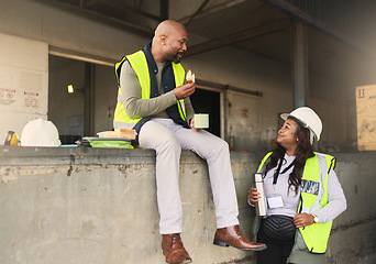 Image showing Cargo warehouse and black people relax on break together for professional coworker friendship. African ecommerce management and delivery industry workers enjoy lunch and friendly conversation.