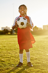 Image showing Football, portrait and girl soccer player on a sports ground ready for a ball game or training match outdoors. Smile, fitness and young kid excited for practice workout on field of grass in Sao Paulo