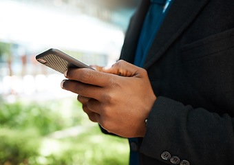 Image showing Hand, phone and search with 5g mobile app for social media, text or message with black man. Online, internet and web with zoom in hands of businessman scrolling technology, communication and contact