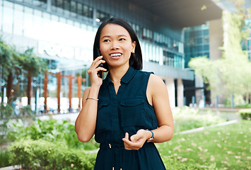 Image showing Phone call, woman and happy outdoor business .conversation. Businesswoman in Indonesia walking, talking and deal outside office. Communication, 5g and networking, success for consultant girl on call.