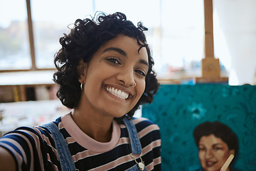 Image showing Art, selfie and Indian woman with painting on canvas while working in a creative studio. Face portrait of a girl, artist or painter taking a photo with paint job with smile in creativity workshop