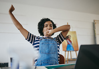 Image showing Studio, art and tired painter stretching after working on artwork project. Young woman artist in workshop sleepy, yawn and an early morning stretch. Creative girl doing work on laptop in art studio