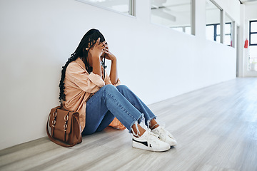 Image showing Stress, anxiety and woman on the floor in office with depression, frustration and mental health problems. Burnout, overworked and tired girl sitting and crying with a headache in a modern workplace.