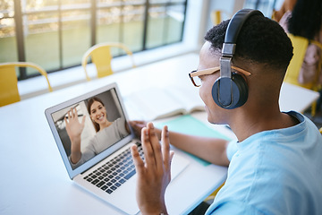 Image showing Video call, webinar and male student or employee waving for conference meeting on laptop, headphone and computer for communication. Remote black man on online zoom for education or chatting to friend