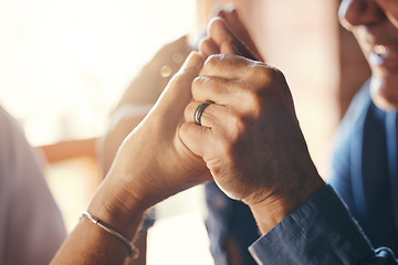 Image showing Support, love and senior couple holding hands for marriage romance, care and trust together. Comfort, compassion and closeup of elderly man and woman in retirement with jewelry, hope and happiness.