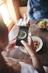 Image showing Phone, food and social media with the hands of a woman taking a photograph while eating in a restaurant during a date. Mobile, internet and romance with a female snapping a picture while dating