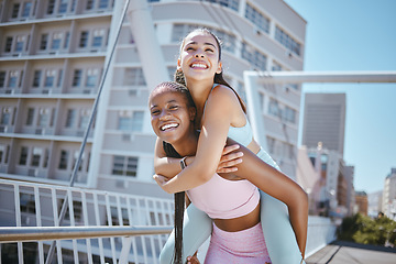 Image showing Women athlete friends, workout fun in city and healthy strong training with young girl support. Urban Miami fitness piggy back, couple exercise together in summer and happy laughing smile playing