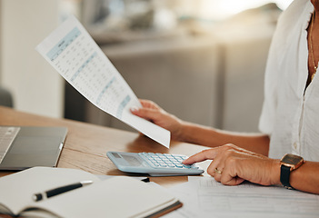 Image showing Hands, small business finance and calculator for budget, expenses or paper bills at home. Hand of accountant or employee calculating financial income of investments in planning and scheduling work