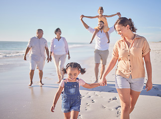 Image showing Family, mother and girl holding hands beach on summer holiday in Mexico. Footprints, memories and a happy woman with child at the ocean. Grandma, grandpa and kids with mom and dad walking on sea sand