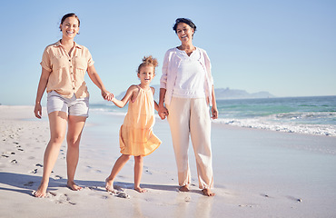 Image showing Mothers day, mom and child with grandmother at the beach in to celebrate women with children as a happy family, Three generations, old woman and parent with girl at sea in summer and walking on sand