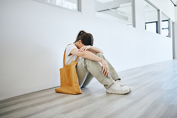 Image showing Depression, stress and woman on the floor on an office, frustrated and suffering with mental health problem. Burnout, anxiety and pressure by jobless female feeling hopeless looking for a job