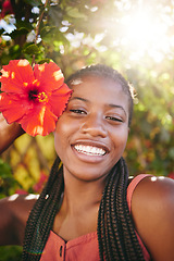 Image showing Beauty, flower and flare portrait of black woman happy, smile and enjoy Summer holiday or vacation in Jamaica. Happiness, skincare and wellness girl at peace, freedom or relax in outdoor nature park