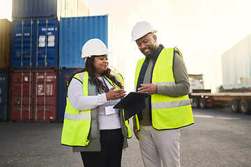 Image showing Logistics, tablet and black woman and man in container shipping yard checking online inventory list. Industrial cargo area, African workers in safety gear working for global freight delivery company.