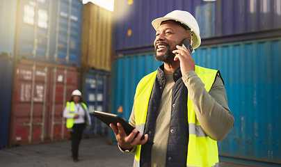 Image showing Logistics, shipping and construction worker on the phone with tablet in shipyard. Transportation engineer on smartphone in delivery, freight and international distribution business in container yard