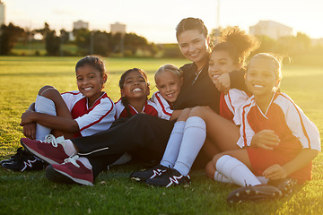 Image showing Soccer, team and children on sports field with coach for training, football event or learning sport. Portrait of teacher and fitness students with smile and happy about partnership for competition